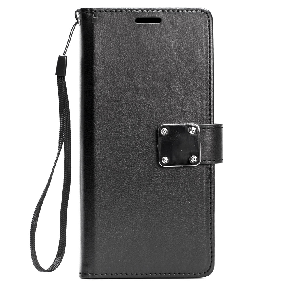Galaxy S9 Multi POCKETS Folio Flip Leather Wallet Case with Strap (Black)